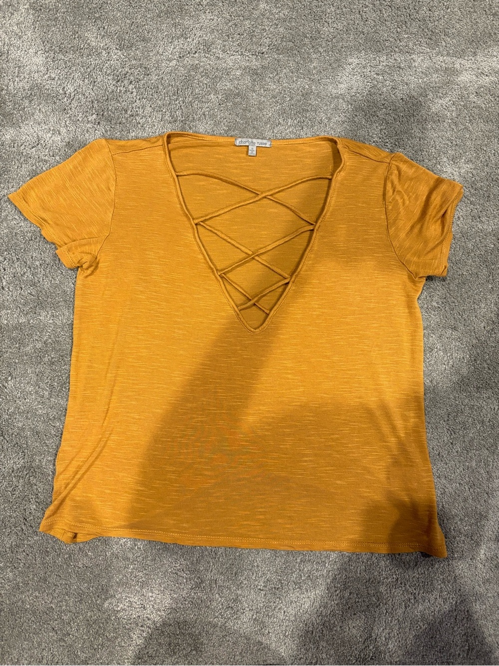 Charlotte Russe Mustard Crisscross Deep V-Neck Tee